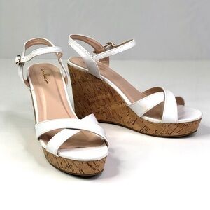 Lulu’s white strappy cork wedge sandals vegan leather ankle strap 9